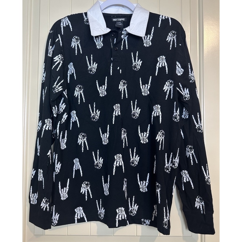 Hot Topic skeleton hands‎ long sleeve collared pullover polo shirt sz S GUC